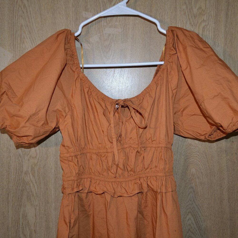 Skies Are Blue 100% Cotton Orange Puff‑Sleeve Tiered Midi Ren Faire Summer Dress - Picture 5 of 12